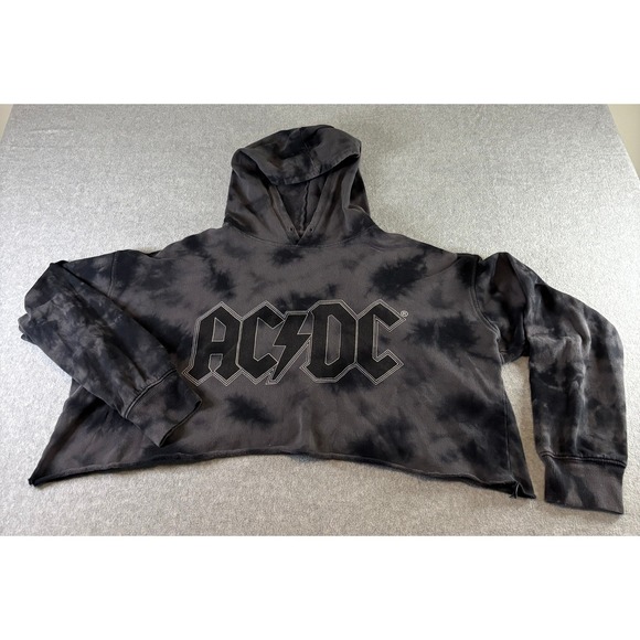 The Vinyl Icons Tops - The Vinyl Icons AC/DC Tie Dye Cropped Hoodie Black Charcoal Graphic Rock Band
